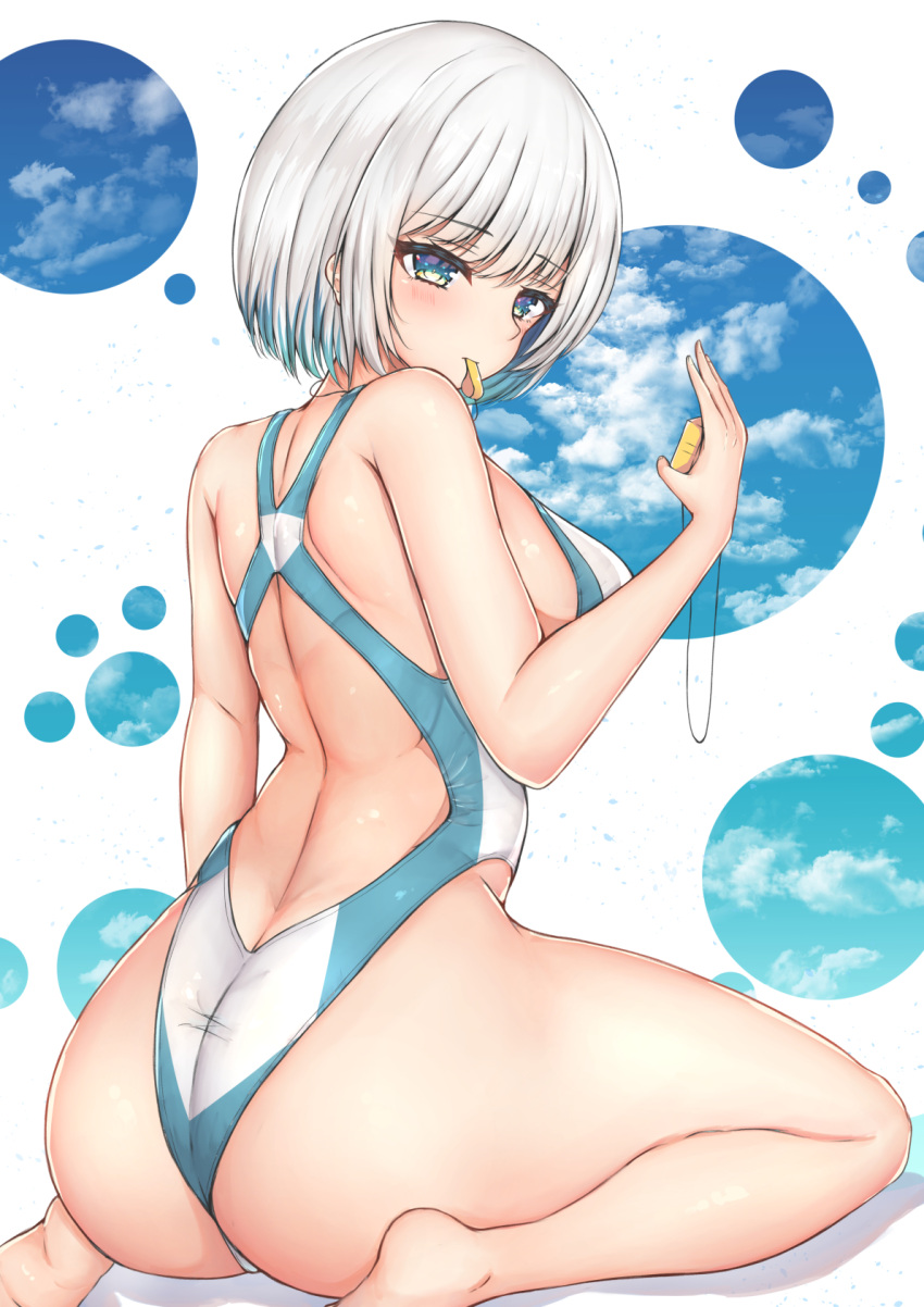 1girl, ass, barefoot, blue_eyes, blue_sky, breasts, clouds, commentary_request, competition_swimsuit, from_behind, highres, looking_at_viewer, looking_back, medium_breasts, mouth_hold, one-piece_swimsuit, original, ryakusun, short_hair, silver_hair, sitting, sky, solo, stopwatch, swimsuit, two-tone_swimsuit, wariza, watch, whistle, white_background