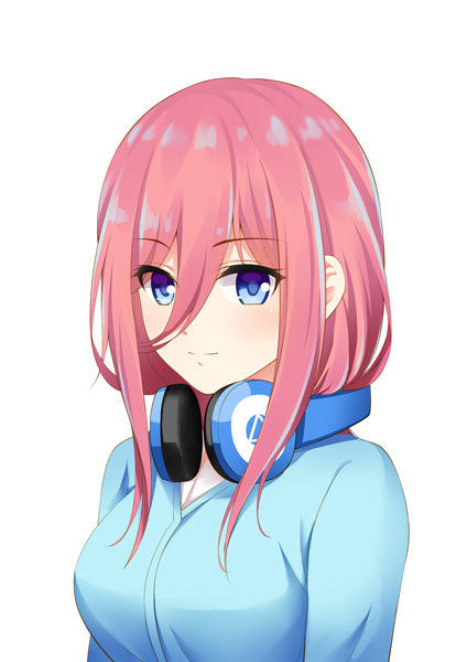 1girl, blue_cardigan, blue_eyes, closed_mouth, eyebrows_visible_through_hair, go-toubun_no_hanayome, hair_between_eyes, headphones, headphones_around_neck, light_smile, long_hair, looking_at_viewer, nakano_miku, pink_hair, qingwa_fu_luo, shiny, shiny_hair, simple_background, solo, upper_body, white_background