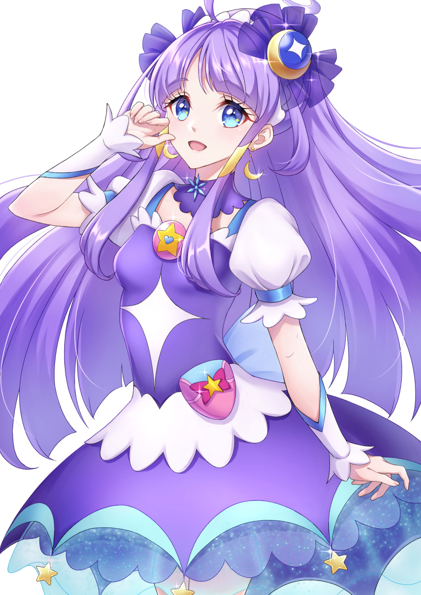 1girl, :d, ahoge, bangs, blue_eyes, blunt_bangs, choker, crescent