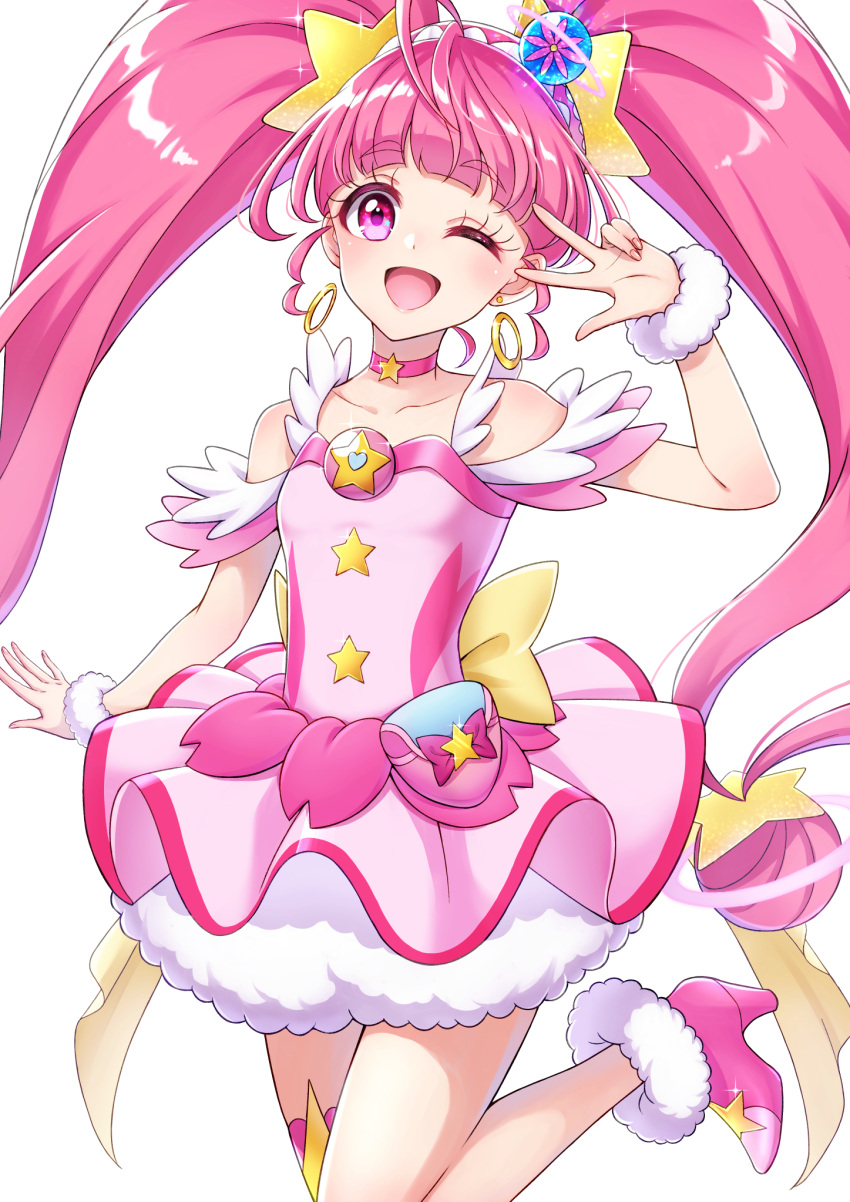 1girl, ;d, absurdly_long_hair, ahoge, asymmetrical_legwear, bangs, blunt_bangs, breasts