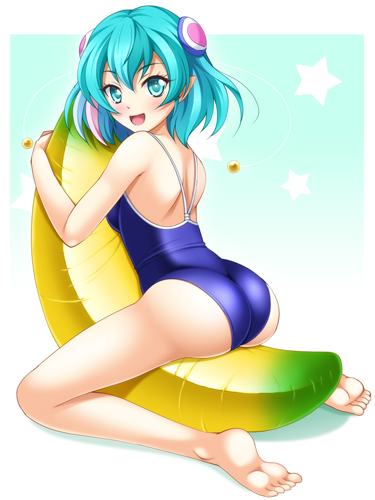 1girl, :d, bad_id, banana_boat, blue_eyes, blue_hair, blue_swimsuit, blush