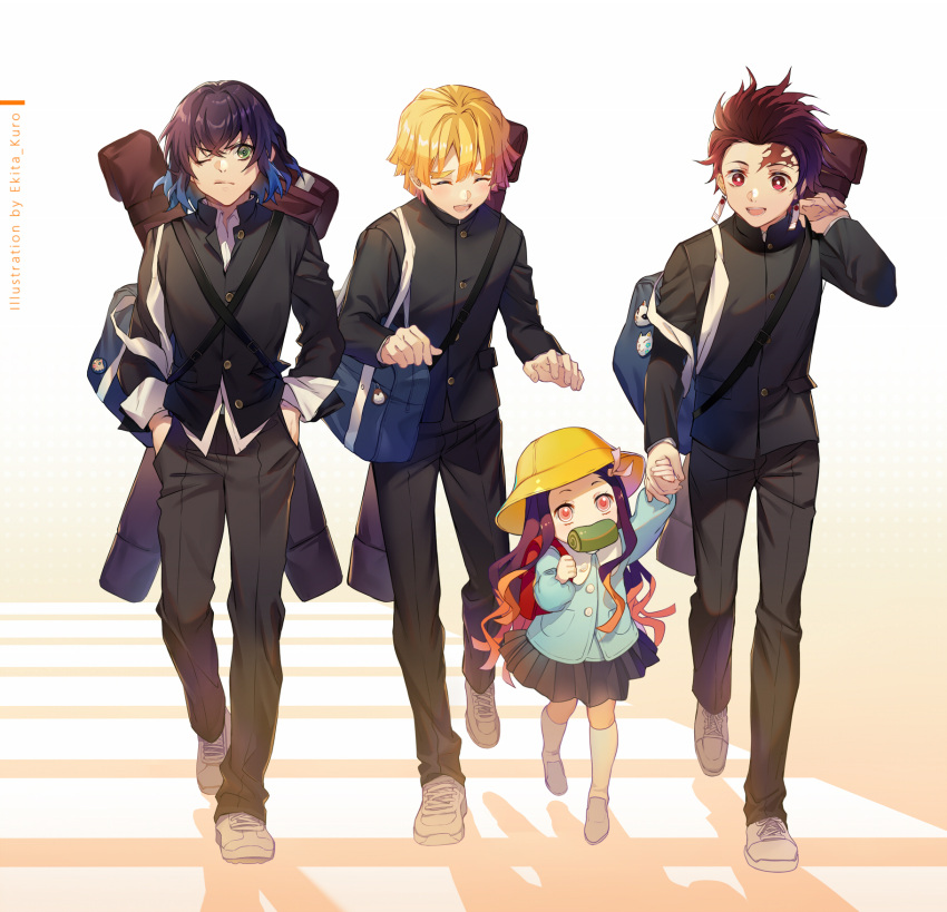 1girl, 3boys, agatsuma_zenitsu, alternate_costume, artist_name, backpack, bag, black_hair, black_pants, black_shirt, blonde_hair, blue_hair, brother_and_sister, brown_hair, closed_eyes, coat, cross-laced_footwear, earrings, ekita_xuan, facial_scar, full_body, gradient_hair, green_eyes, hair_ribbon, hair_slicked_back, hanafuda, hands_in_pockets, hashibira_inosuke, hat, highres, holding_hands, jewelry, kamado_nezuko, kamado_tanjirou, kimetsu_no_yaiba, long_hair, long_sleeves, looking_at_another, miniskirt, mouth_hold, multicolored_hair, multiple_boys, one_eye_closed, open_mouth, orange_hair, pants, pleated_skirt, randoseru, red_eyes, ribbon, scar, school_hat, shirt, shoes, shoulder_bag, siblings, skirt, smile, sneakers, socks, two-tone_hair, uniform, walking, wavy_hair, weapon_bag, white_footwear, white_legwear, yellow_headwear, younger