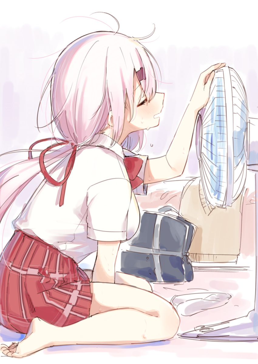 1girl, bag, barefoot, between_legs, blush, bow, bowtie, breasts