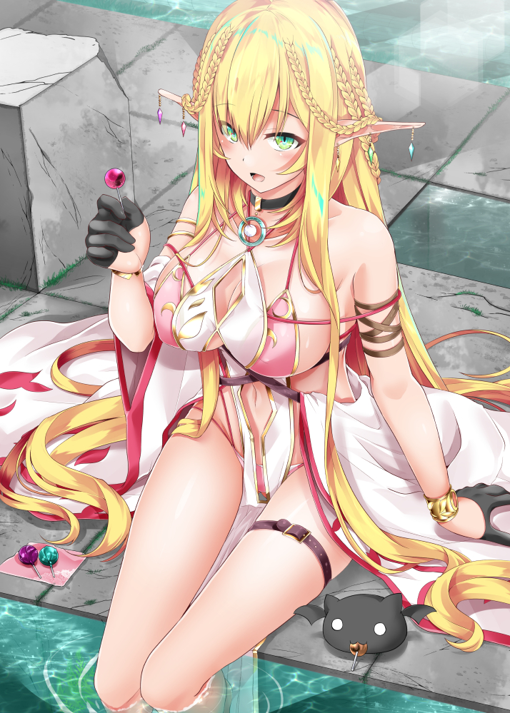 1girl, :3, blonde_hair, bracelet, braid, breasts, candy, commentary_request