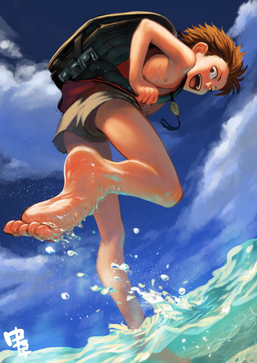 1boy, backpack, bag, barefoot, brown_eyes, brown_hair, crime_prevention_buzzer, from_behind, from_below, highres, looking_at_viewer, looking_back, male_focus, nakahara_gala, open_mouth, original, randoseru, short_shorts, shorts, signature, smile, soles, solo, toes, water