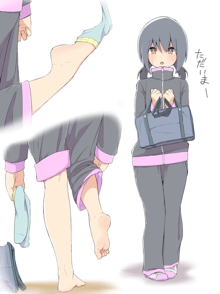 1girl, bag, barefoot, black_hair, blush, brown_eyes, commentary, feet