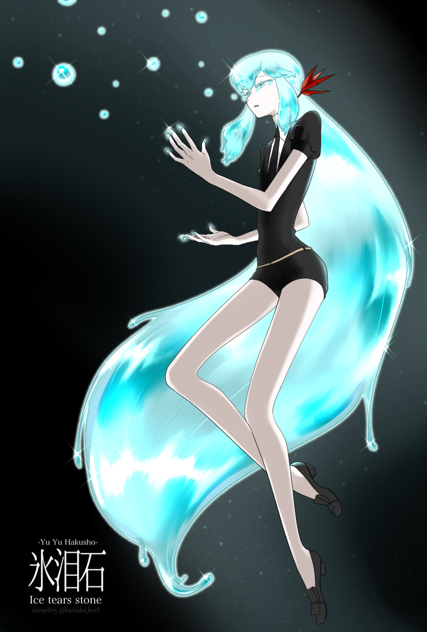 1other, aqua_eyes, aqua_hair, aqua_nails, black_background, black_footwear, black_neckwear, black_shirt