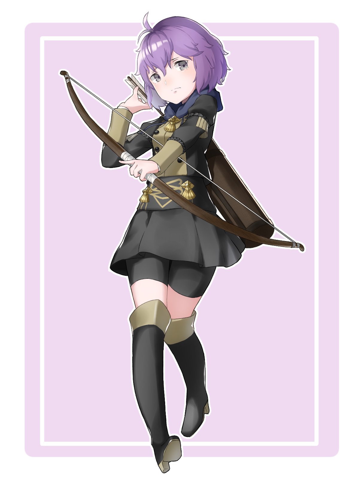 1girl, arrow, bernadetta_von_varley, bike_shorts, bow_(weapon), closed_mouth, fire_emblem, fire_emblem:_three_houses, full_body, garreg_mach_monastery_uniform, grey_eyes, highres, holding, holding_arrow, holding_bow_(weapon), holding_weapon, long_sleeves, purple_hair, quiver, ruis_bacon, short_hair, solo, uniform, weapon