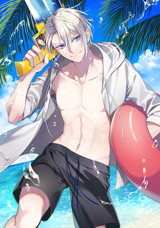 >:), 1boy, beach, blue_eyes, blue_sky, hood, hoodie, innertube