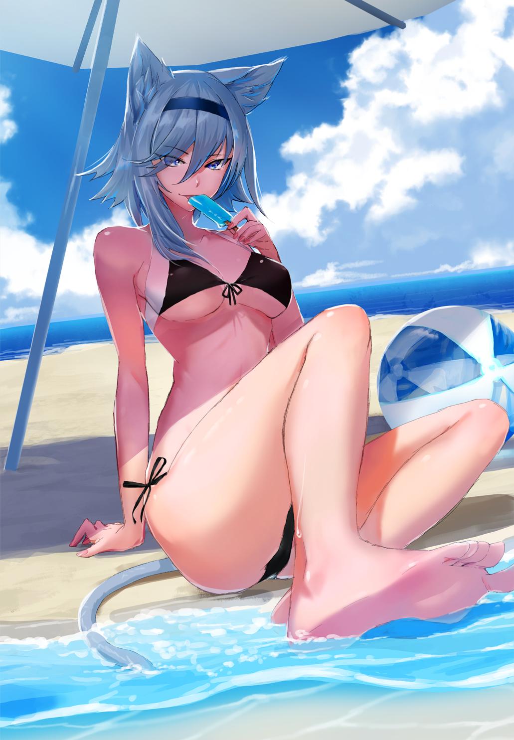 1girl, animal_ear_fluff, animal_ears, arm_support, ball, bangs, barefoot, beach