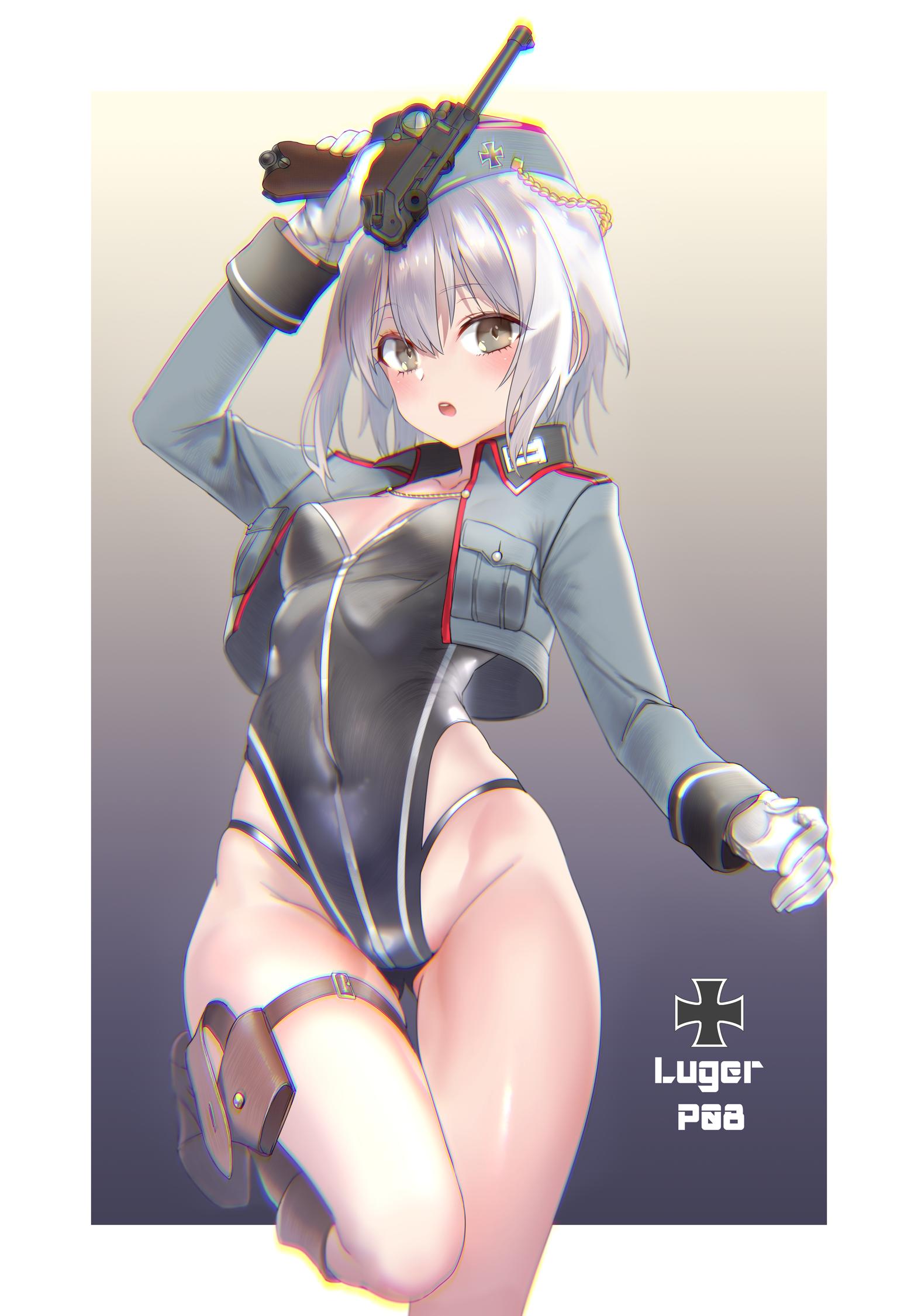 1girl, ass_visible_through_thighs, black_leotard, blue_headwear, blue_jacket, boots, breasts, brown_eyes, brown_footwear, character_name, cowboy_shot, cropped_jacket, garrison_cap, girls_frontline, gloves, gradient, gradient_background, grey_background, grey_hair, gun, handgun, hat, highleg, highleg_leotard, highres, iron_cross, jacket, knee_boots, leotard, long_sleeves, looking_at_viewer, luger_p08, medium_hair, p08_(girls_frontline), pistol, pottsness, small_breasts, solo, strapless, strapless_leotard, thigh_gap, thigh_pouch, thigh_strap, weapon, white_gloves
