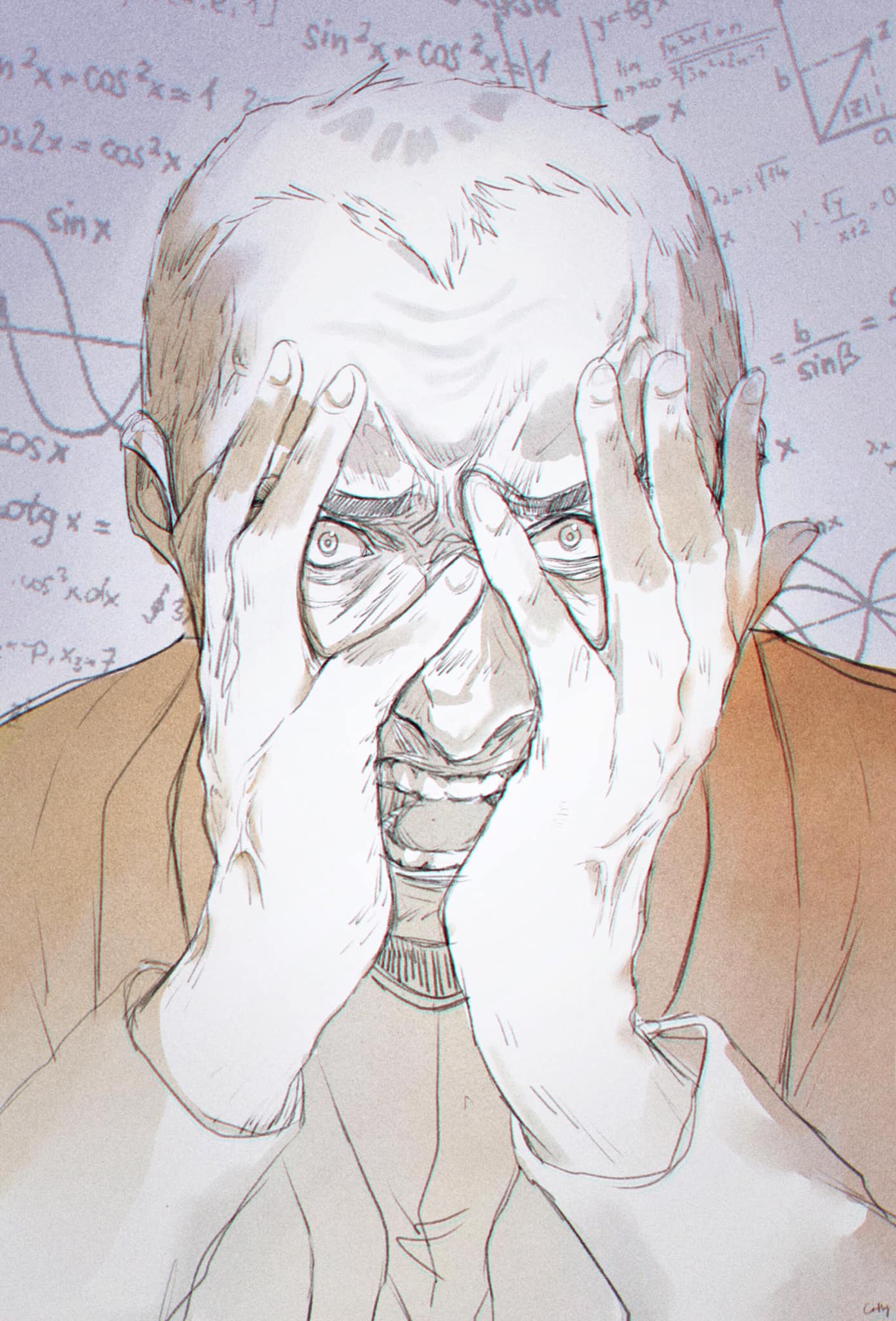 1boy, bags_under_eyes, dbdkitty, eyebrows, forehead, hands_on_own_face, highres, long_nose