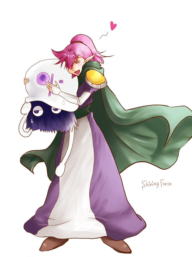 1girl, brown_footwear, cape, domingo, elf, green_cape, heart, hug