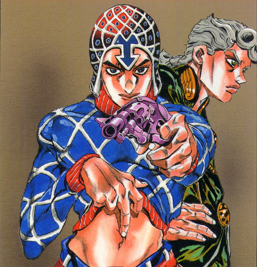 blue_eyes, giorno_giovanna, green_eyes, guido_mista, gun, handgun, hat, hirohiko_araki