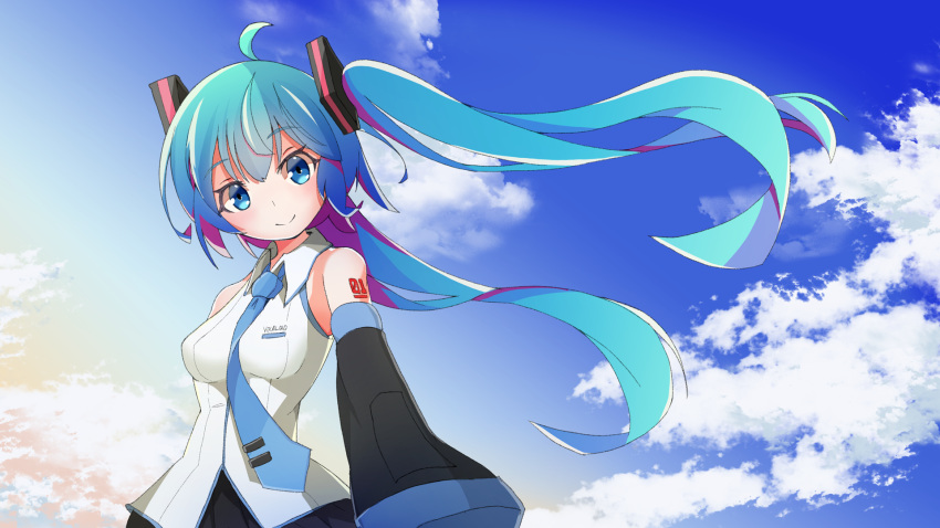 1girl, ahoge, bangs, bare_shoulders, black_skirt, black_sleeves, blue_eyes, blue_hair