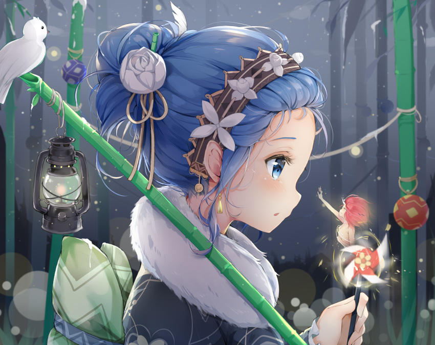 1girl, :o, alternate_costume, alternate_hairstyle, bamboo, beige_ribbon, blue_eyes, blue_hair, blush, commentary_request, earrings, flower, from_side, fur_collar, fur_trim, ghost, hair_bun, hair_flower, hair_ornament, hair_up, headdress, highres, holding, japanese_clothes, jewelry, kimono, lamp, looking_at_another, messy_hair, open_mouth, pedo0201, profile, re:zero_kara_hajimeru_isekai_seikatsu, rem_(re:zero), short_hair, solo, white_flower