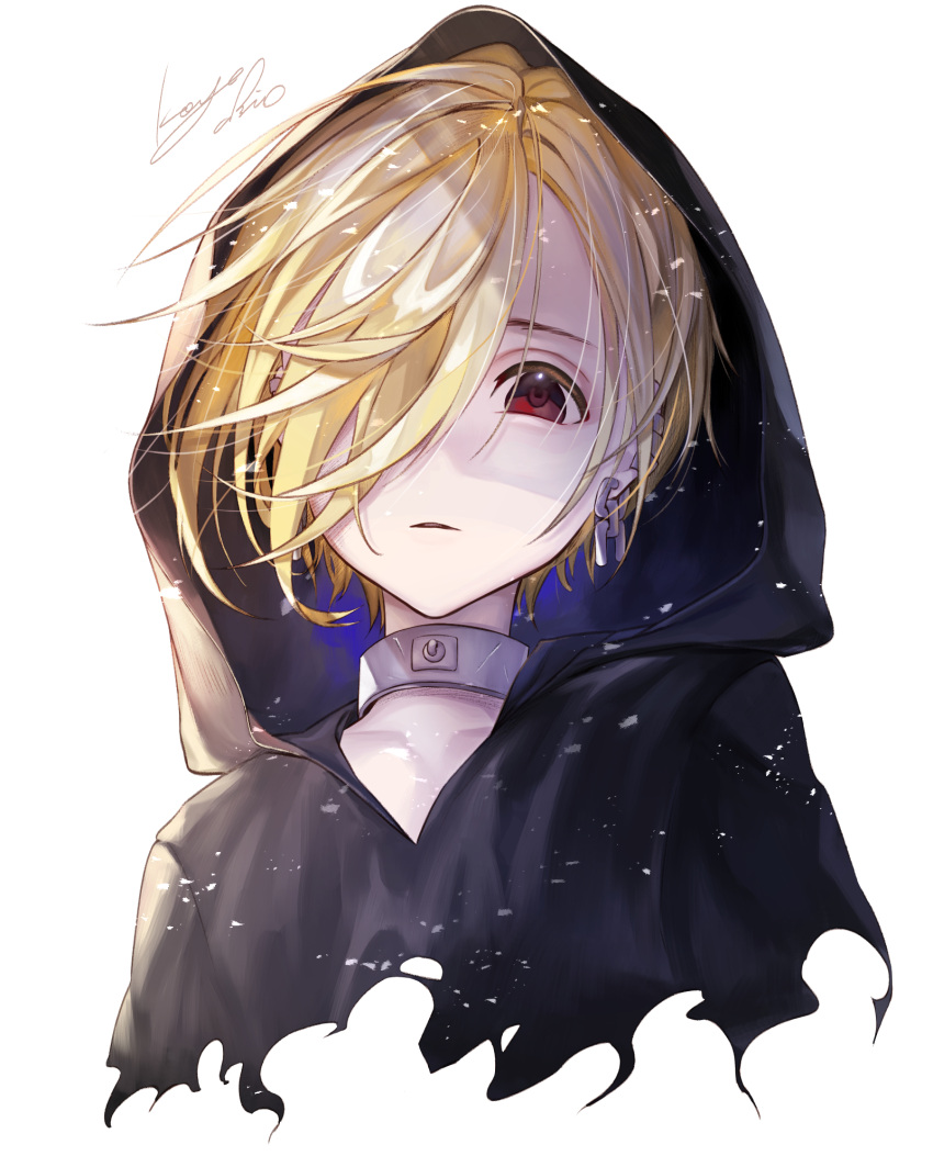 1girl, black_robe, blonde_hair, chain_earrings, collar, collarbone, hair_blowing, hair_over_one_eye