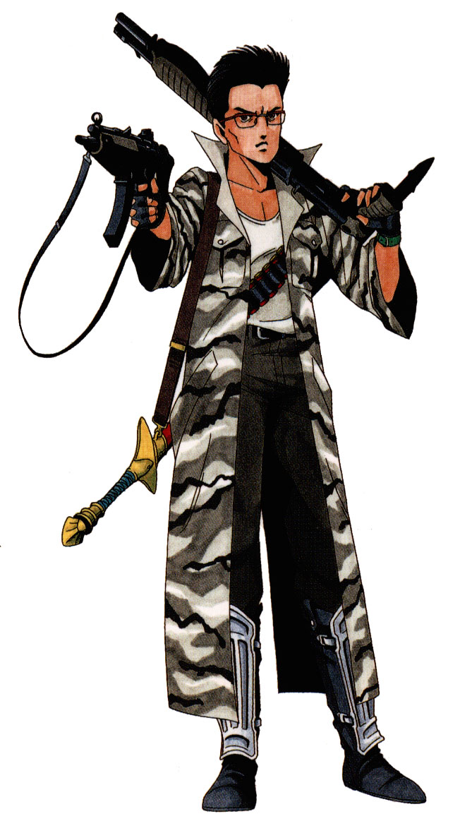 glasses, gun, h&amp;k_mp5, heckler_&amp;_koch, male, mp5, official_art, shin_megami_tensei, shotgun, spas-12, submachine_gun, sword, takeshi_(shin_megami_tensei), trench_coat, trenchcoat, weapon