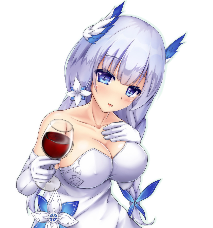 1girl, :d, alcohol, azur_lane, bai_da, bare_shoulders, blue_eyes, braid