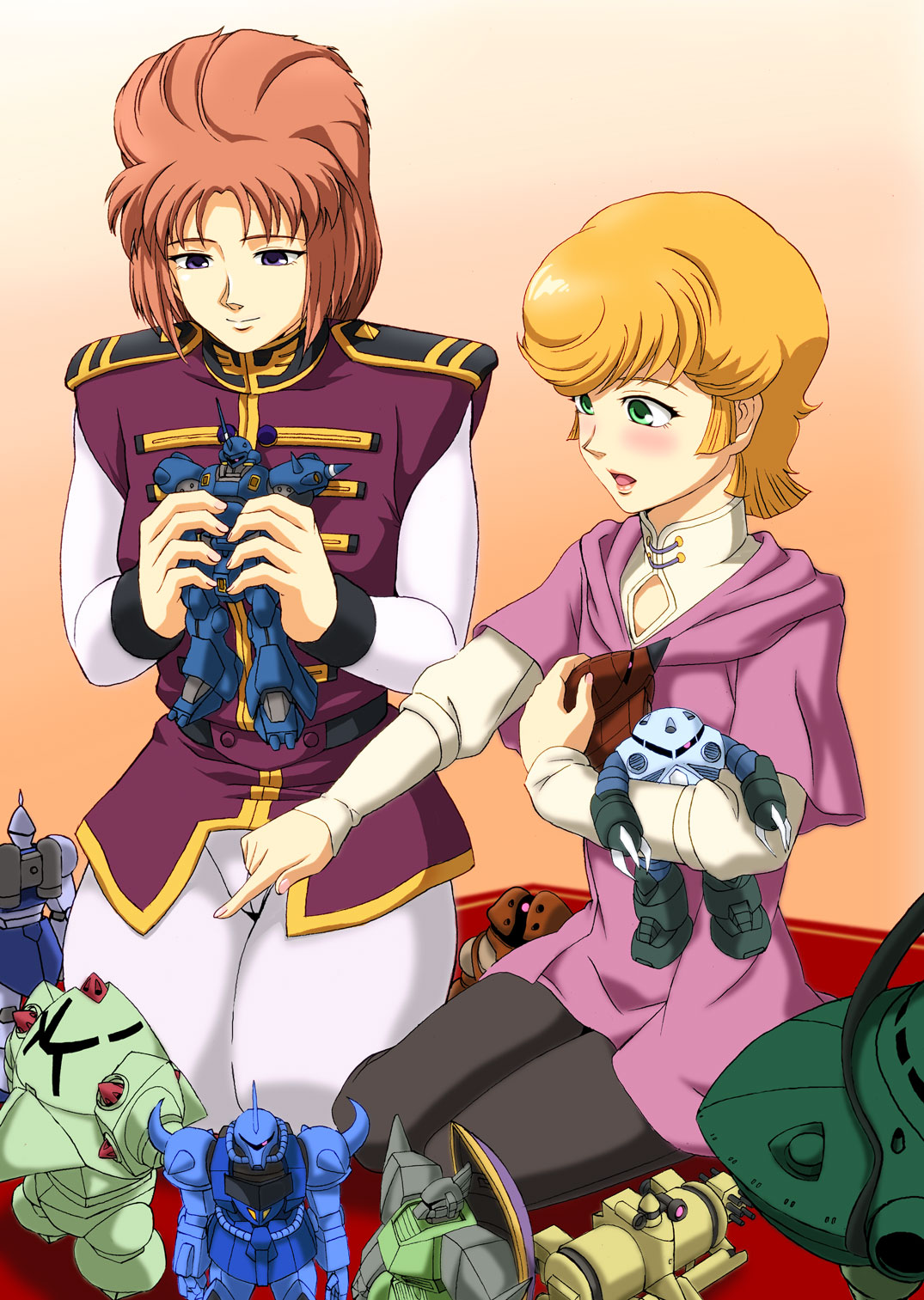 2girls, blonde_hair, brown_hair, cape, closed_mouth, commentary_request, figure, fugakuhyakkei