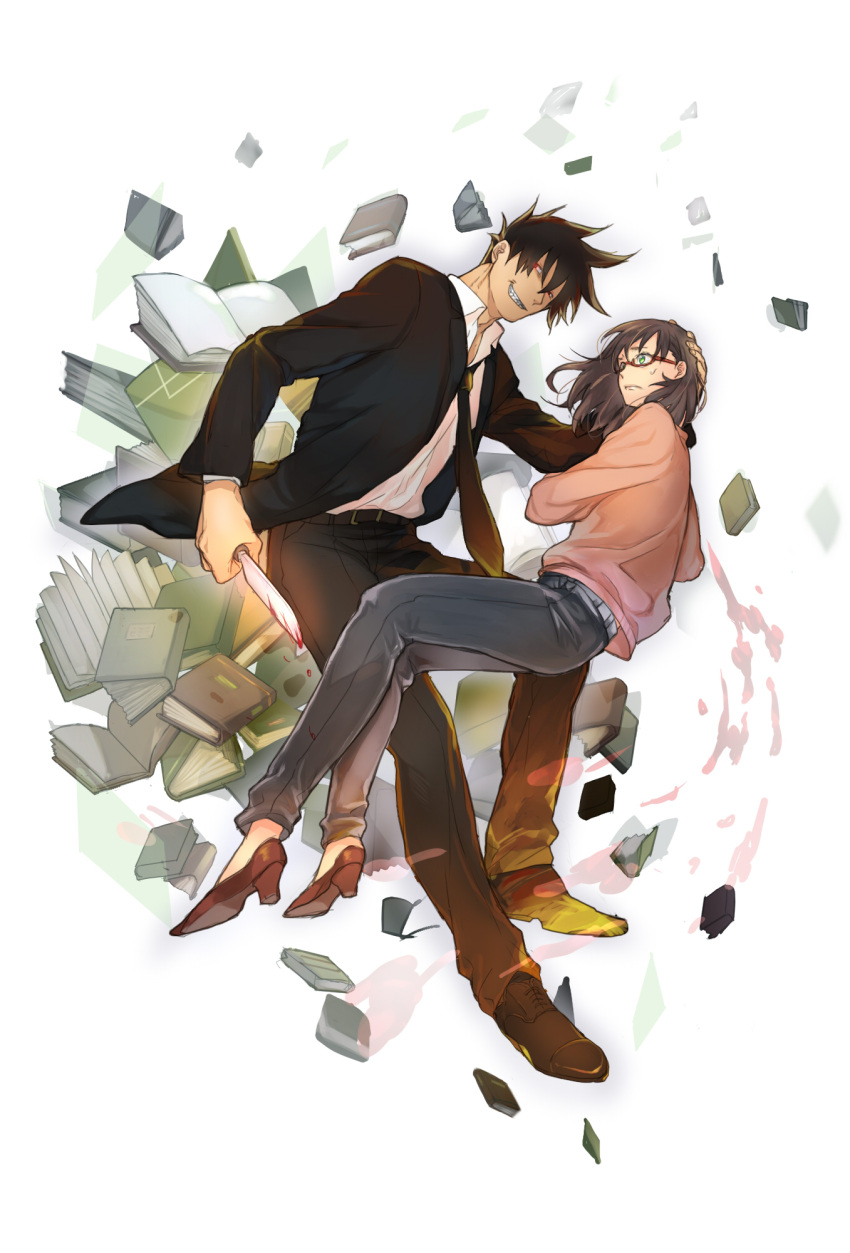 1boy, 1girl, akutabe, black_hair, black_neckwear, black_pants, blood, bloody_weapon, book, brown_footwear, brown_hair, dripping, formal, full_body, glasses, green_eyes, grin, head_on_hand, highres, holding, holding_knife, jacket, knife, kokeume, long_hair, necktie, pants, pink_jacket, red-framed_eyewear, red_eyes, sakuma_rinko, simple_background, smile, suit, sweatdrop, weapon, white_background, yondemasu_yo_azazel-san.