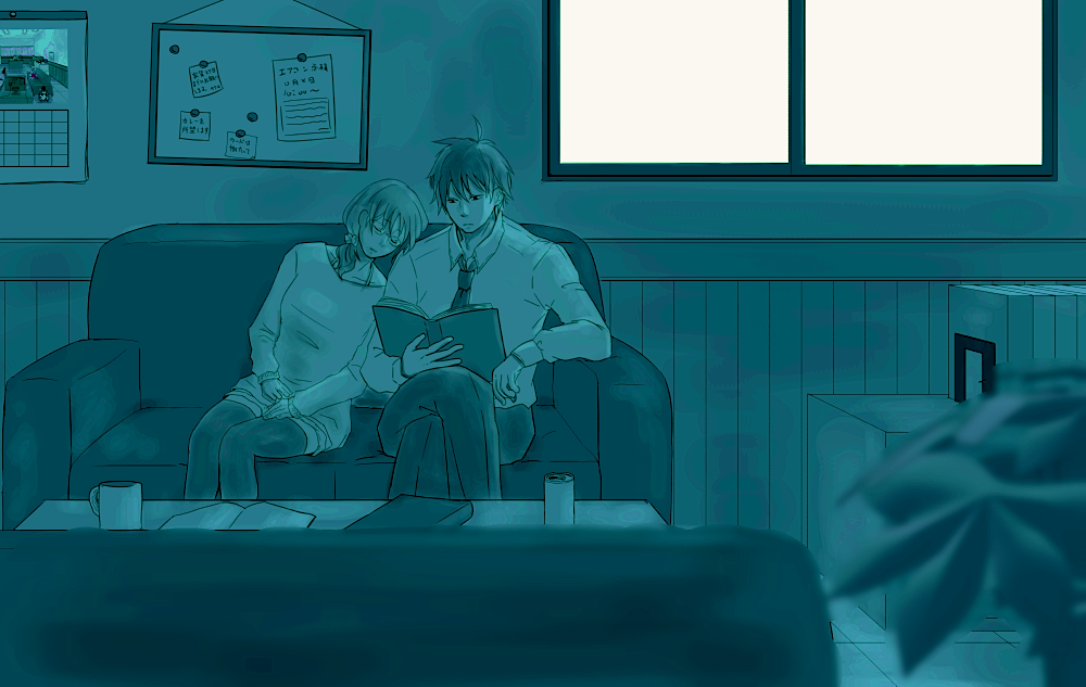 1boy, 1girl, akutabe, blue_theme, book, box, calendar_(object), closed_eyes