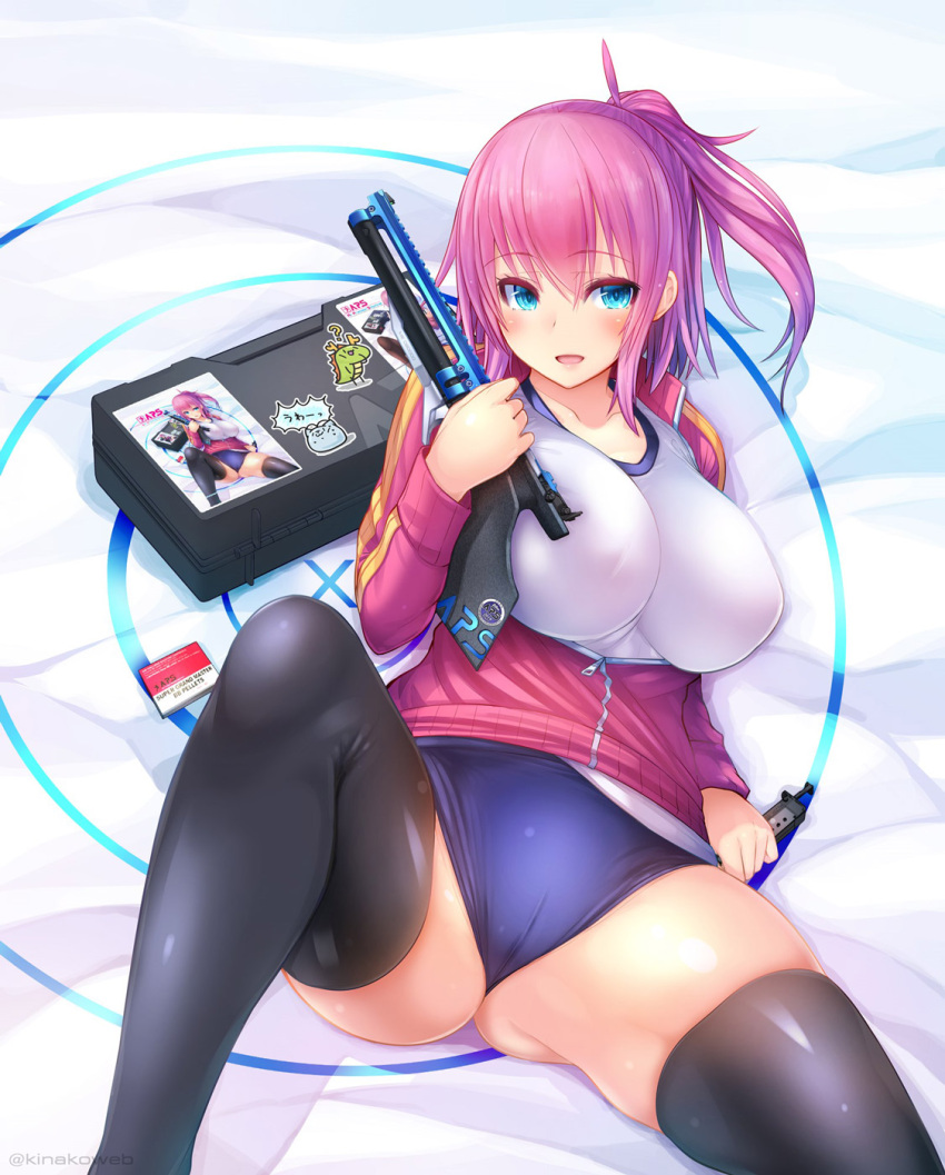 1girl, :d, black_legwear, blue_buruma, blue_eyes, blush, breasts, buruma