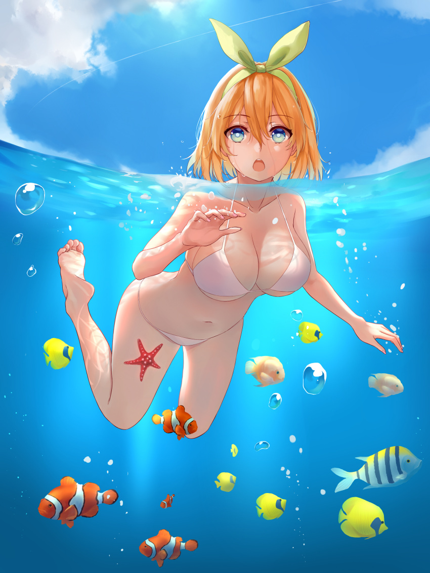 1girl, absurdres, bangs, barefoot, bikini, blonde_hair, bow, breasts
