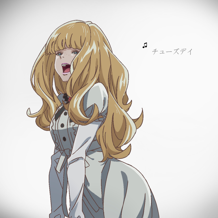 1girl, bangs, blonde_hair, blue_eyes, carole_&amp;_tuesday, dingdaydream, dress, eighth_note