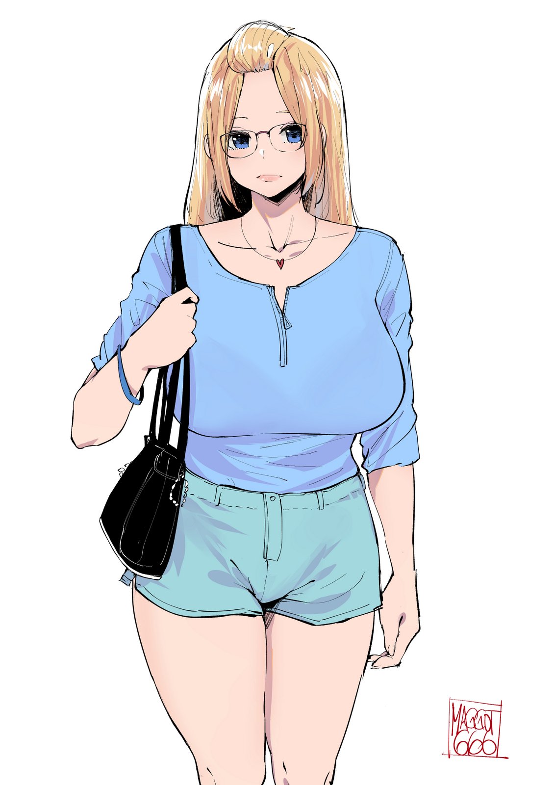 1girl, bag, blonde_hair, blue_eyes, blue_shirt, bracelet, breasts, casual