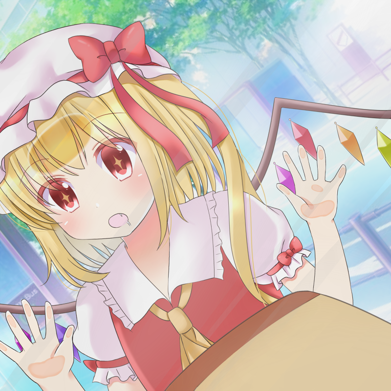 +_+, 1girl, :o, against_glass, against_window, arms_up, bangs, blonde_hair
