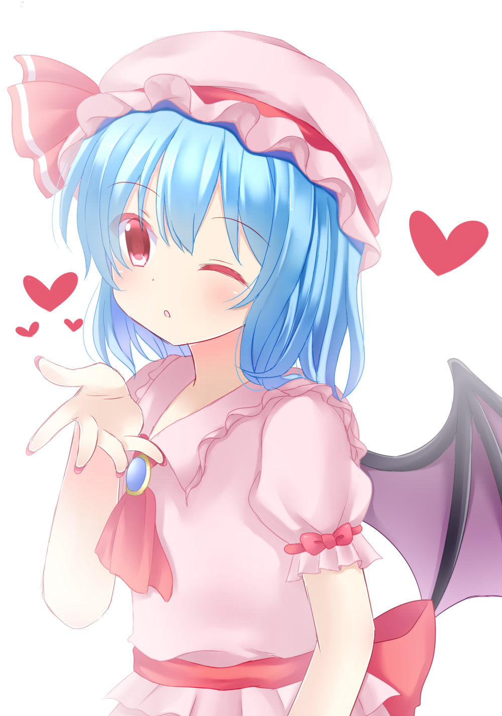 1girl, :o, arm_at_side, arm_up, bat_wings, blown_kiss, blue_hair, blush