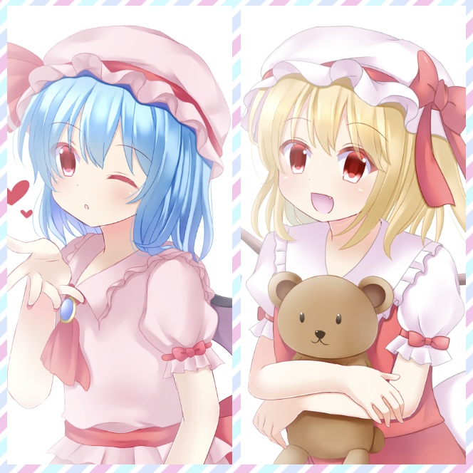 2girls, :d, :o, arm_at_side, arm_up, bat_wings, blonde_hair, blown_kiss