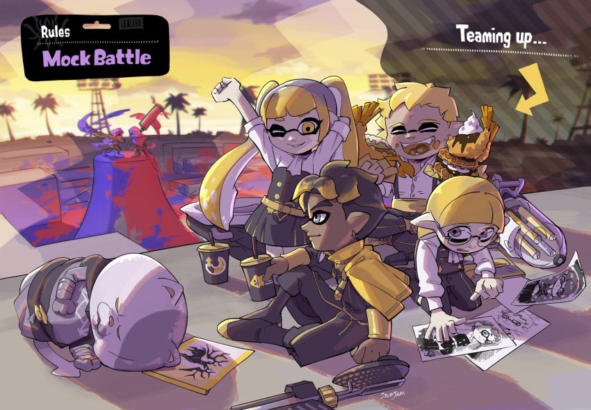 2girls, 4boys, arm_rest, artist_name, black_hair, blonde_hair, brown_eyes, byleth_(fire_emblem)