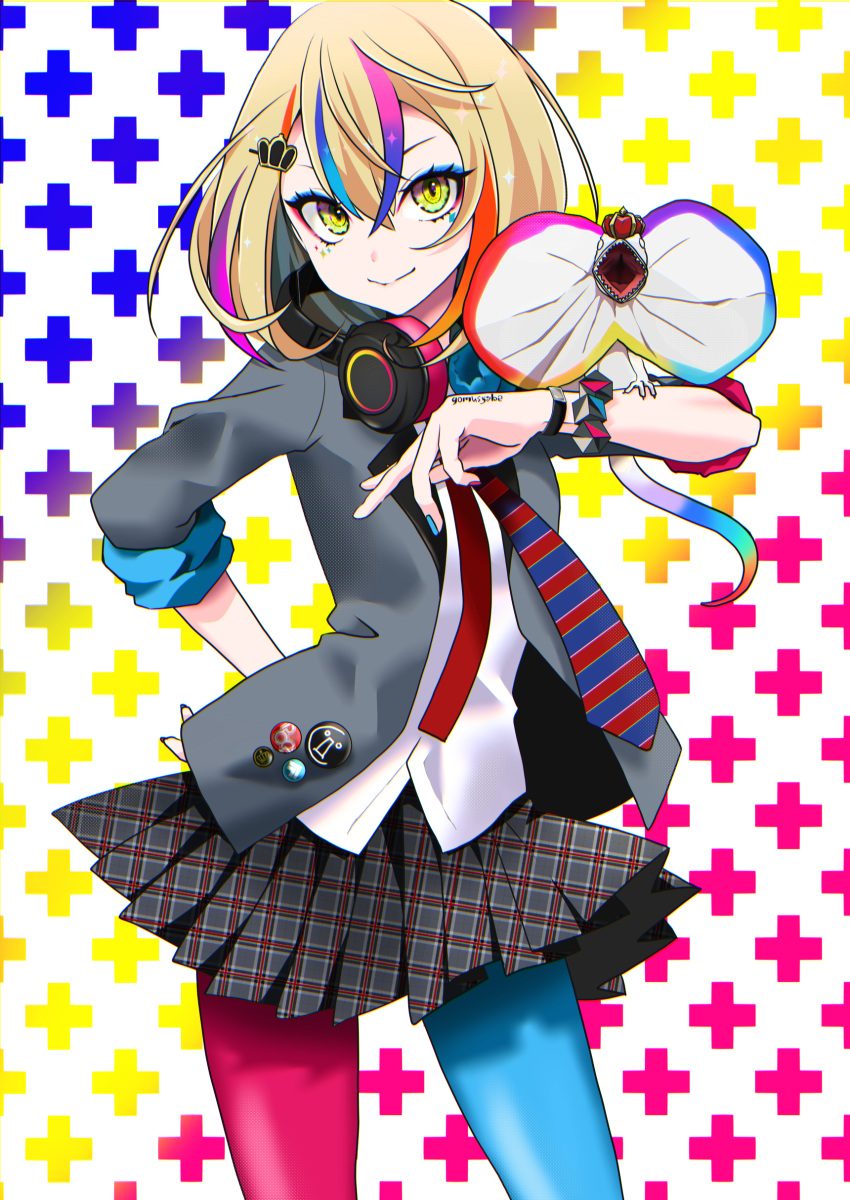 1girl, absurdres, artist_request, blazer, blonde_hair, blue_eyeshadow, blue_legwear, blue_neckwear