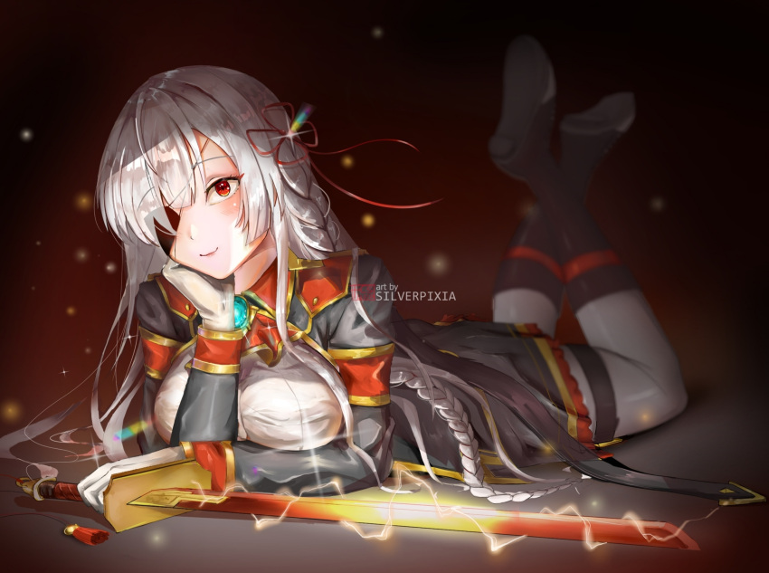 black_legwear, blood_blade_karin, boots, breasts, dress_shirt, epic7, eyepatch, gloves