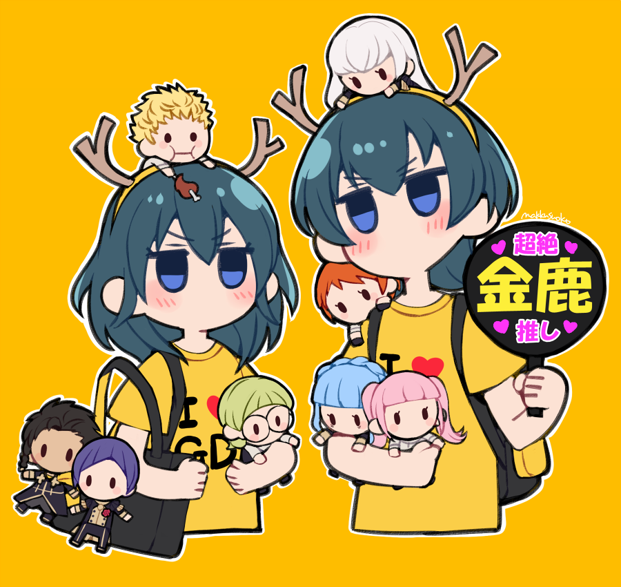 1boy, 1girl, alternate_costume, antlers, artist_name, backpack, bag, blue_eyes