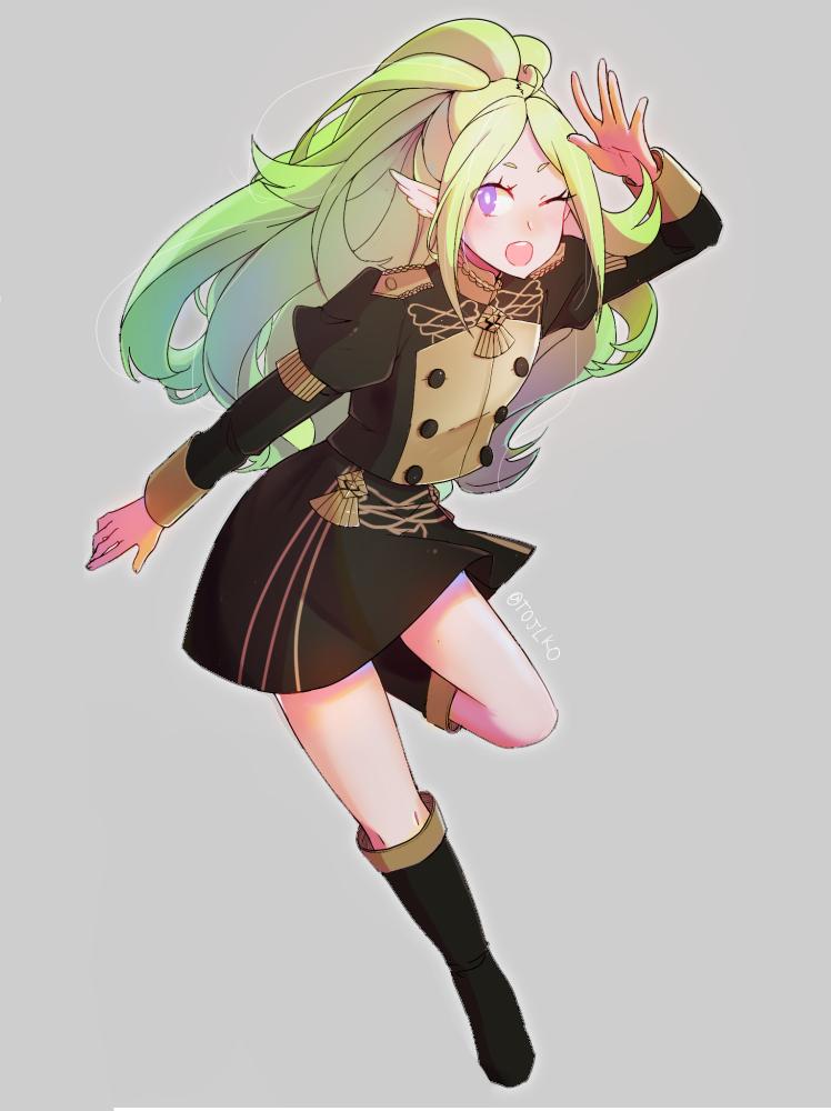 1girl, blonde_hair, fire_emblem, fire_emblem:_three_houses, fire_emblem_awakening, full_body, garreg_mach_monastery_uniform, grey_background, long_hair, long_sleeves, manakete, nowi_(fire_emblem), one_eye_closed, open_mouth, pog, pointy_ears, ponytail, simple_background, solo, twitter_username, uniform