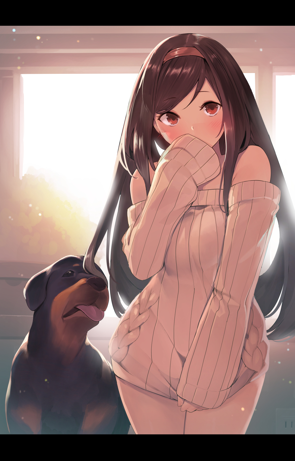1girl, animal, aran_sweater, bangs, blurry, blurry_background, blush, breasts
