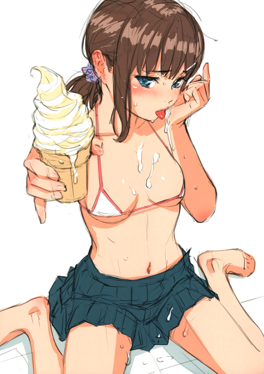 1girl, absurdres, bare_legs, barefoot, bikini_top, blue_eyes, breasts, brown_hair