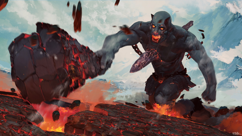 chain, demon, demon_horns, fire, hell, highres, horns, lance