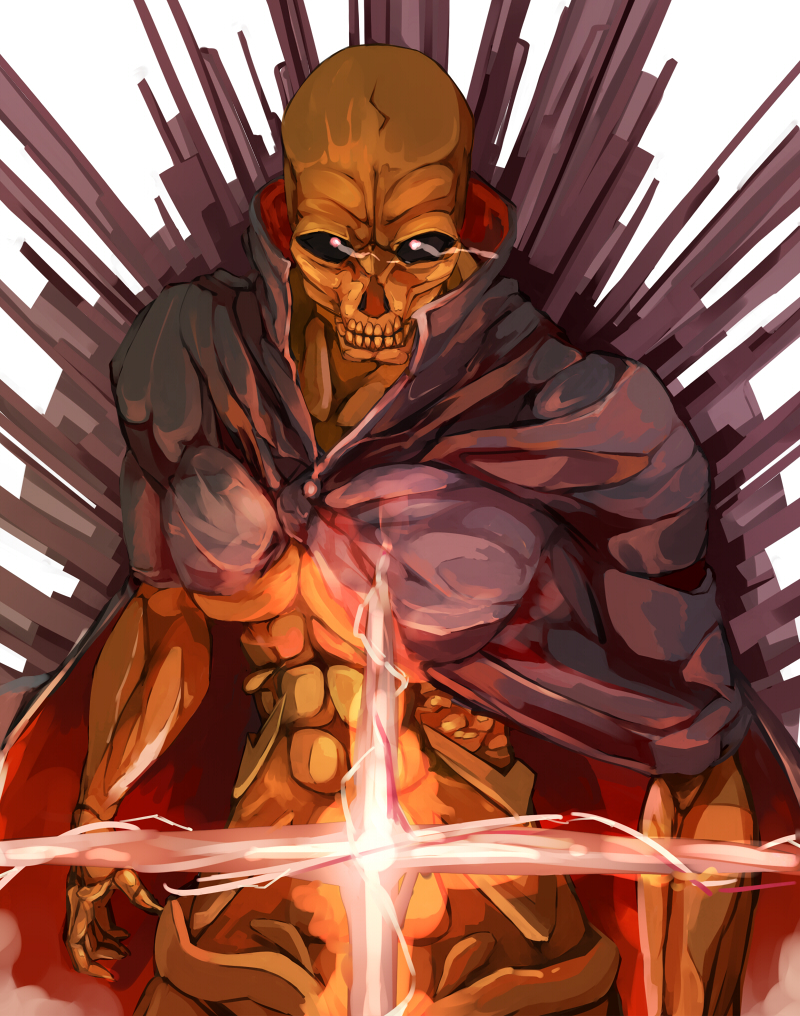1boy, abs, black_cape, black_sclera, cape, glowing, glowing_eyes, gold_skin
