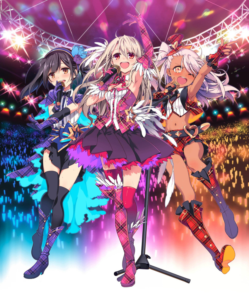 3girls, absurdres, arm_up, armpits, black_hair, black_neckwear, blush, boots