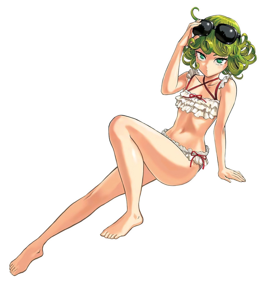 1girl, absurdres, barefoot, bikini, breasts, curly_hair, eyewear_on_head, green_eyes