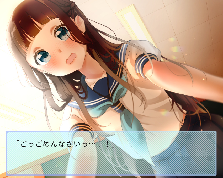 1girl, bangs, blue_eyes, blue_neckwear, blue_sailor_collar, blue_skirt, blush, brown_hair