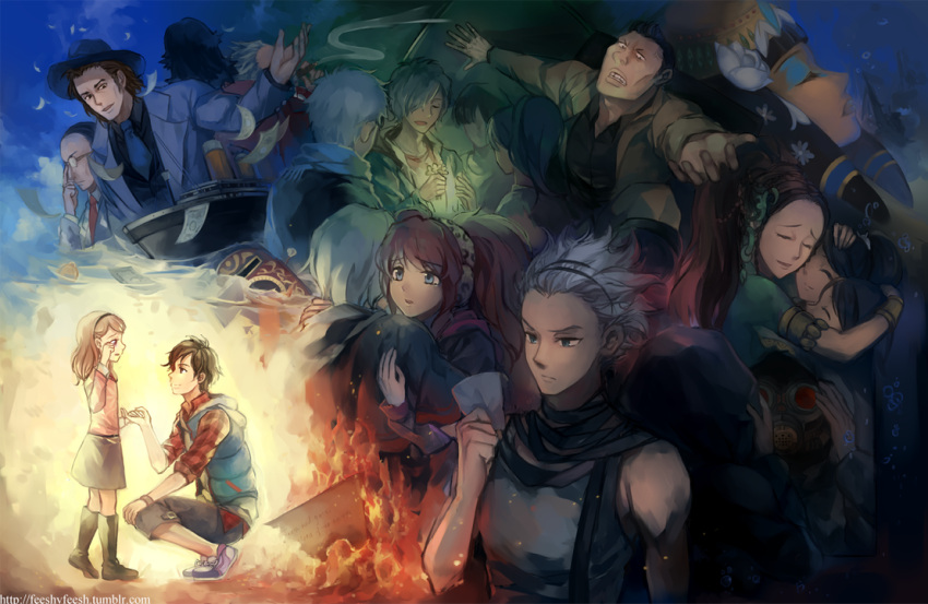 5girls, 6+boys, alice_(kyokugen_dasshutsu), black_headwear, blue_eyes, blue_sky, blue_vest, brother_and_sister