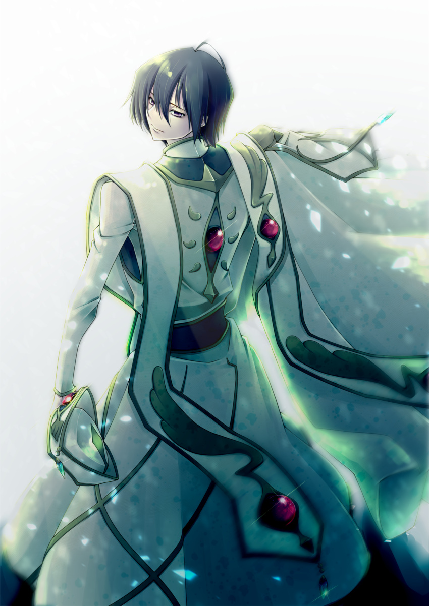 1boy, black_hair, code_geass, hair_between_eyes, hat, hat_removed, headwear_removed, highres, lelouch_lamperouge, long_sleeves, looking_at_viewer, looking_back, male_focus, simple_background, solo, standing, vestments, violet_eyes, white_background, white_robe, yamaaa0000