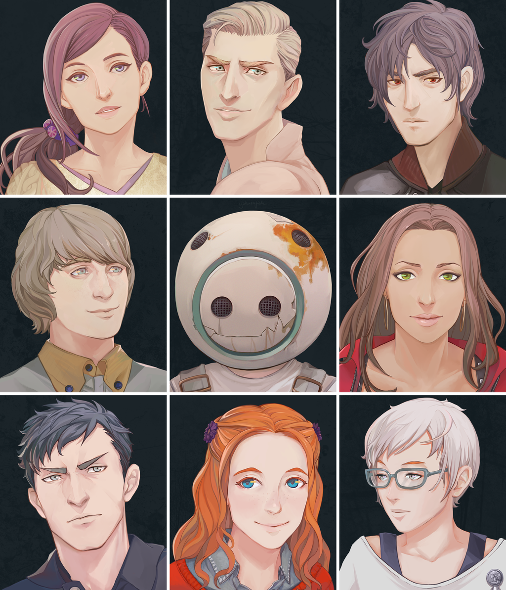 4girls, 5boys, black_hair, blue_eyes, brown_hair, carlos, diana_(kyokugen_dasshutsu), earrings