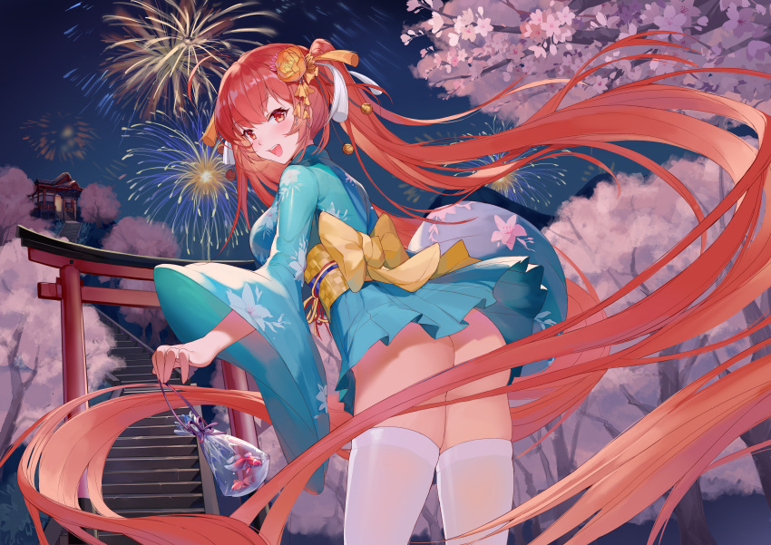 1girl, :d, absurdres, aerial_fireworks, ass, azur_lane, bangs, blue_kimono