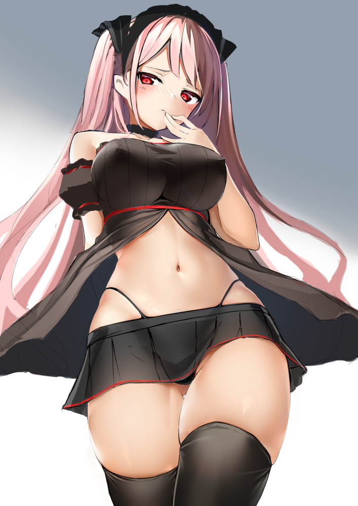 1girl, bare_shoulders, black_legwear, black_panties, black_skirt, breasts, choker, covered_nipples